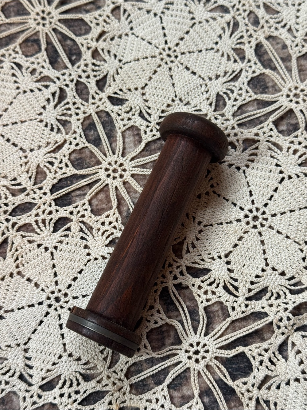 Vintage Wooden Textile Mill Bobbin Spool – Dark Wood Metal Band